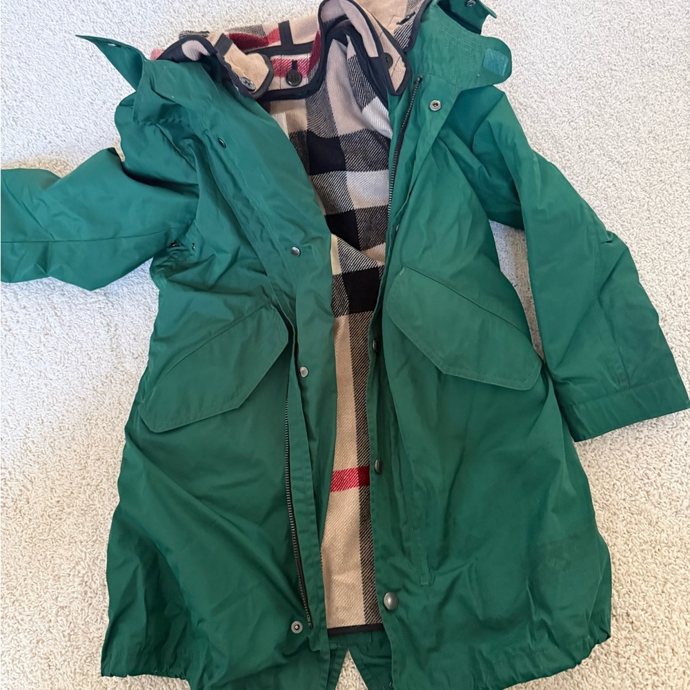 Burberry Green Kids Hooded Raincoat with Plaid Lining